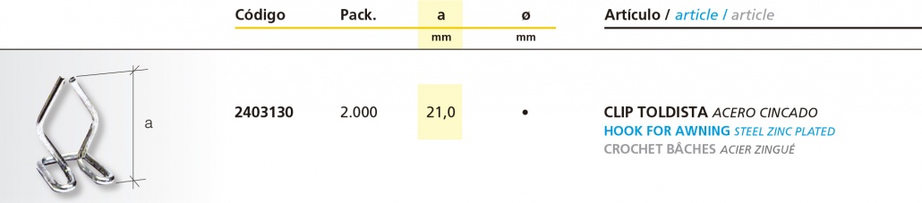 Clip para toldos. Medidas.